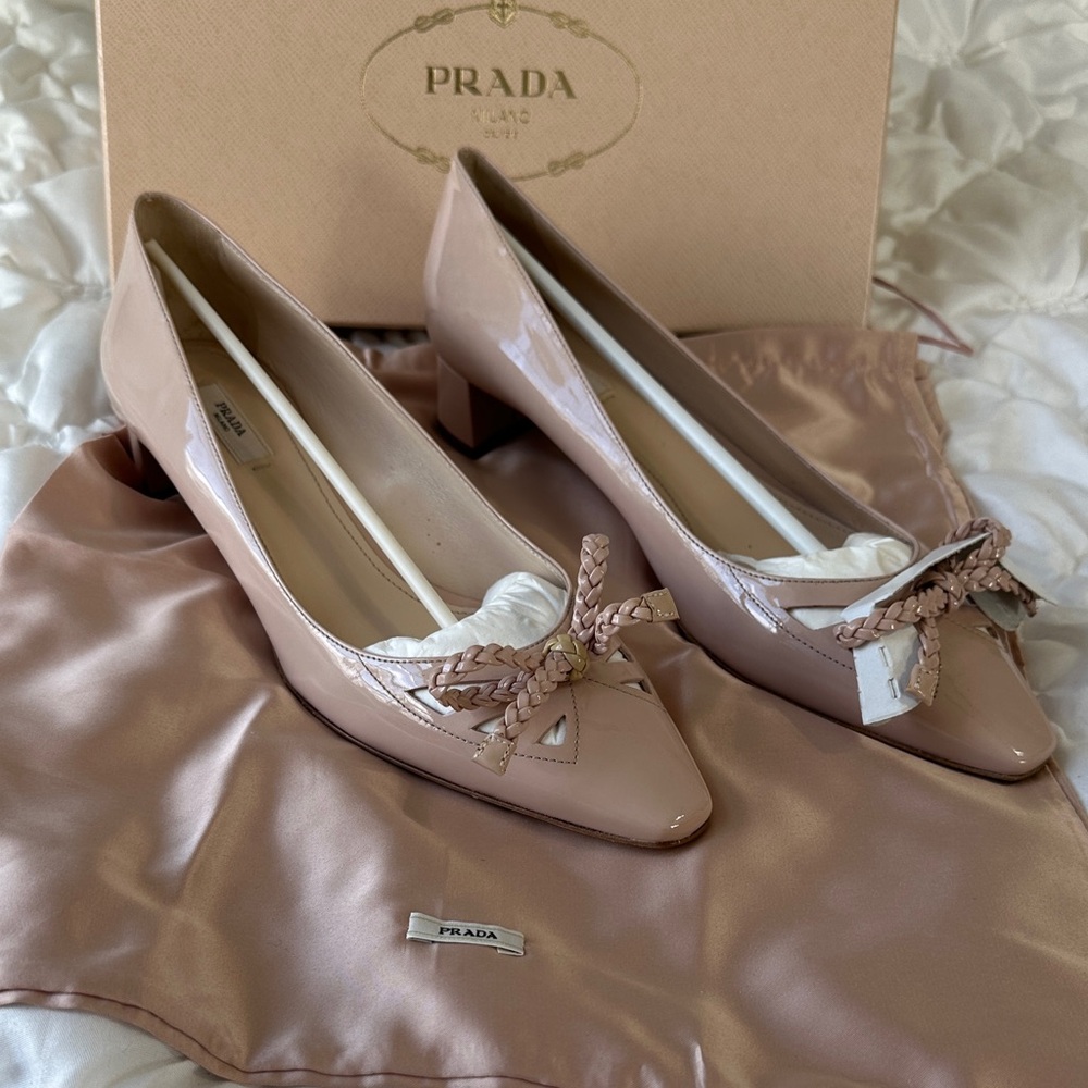 Prada Blush Patent Leather Braided Bow Block Heel Pumps
